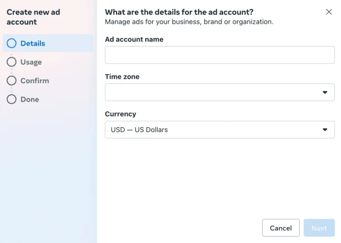 New ad account form with name, time zone, and currency fields