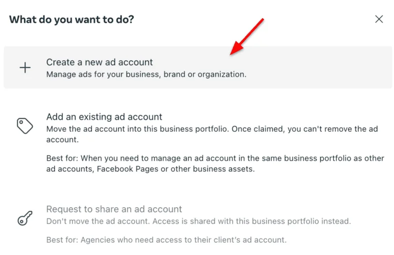 Business portfolio screen with the create new ad account option