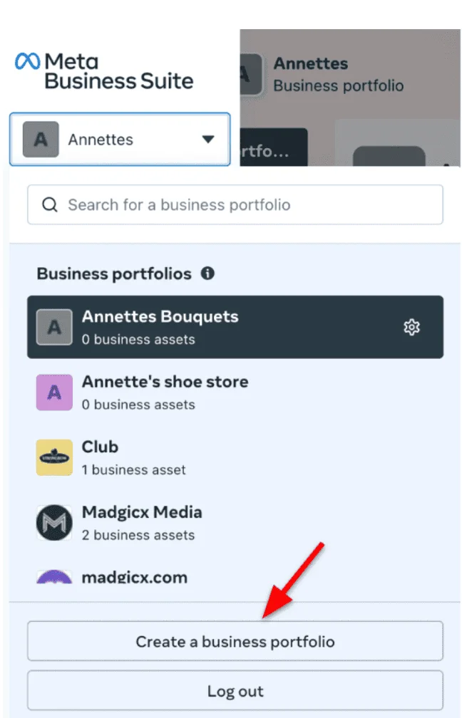 Meta Business Suite screen with the Create business portfolio button