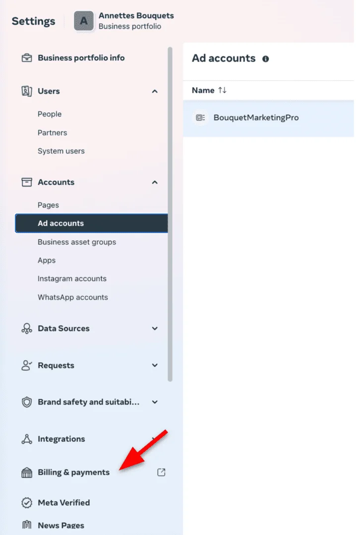 Ad account payment method screen