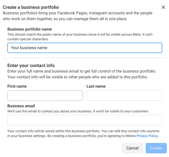 Business portfolio form asking for name, contact info, and email
