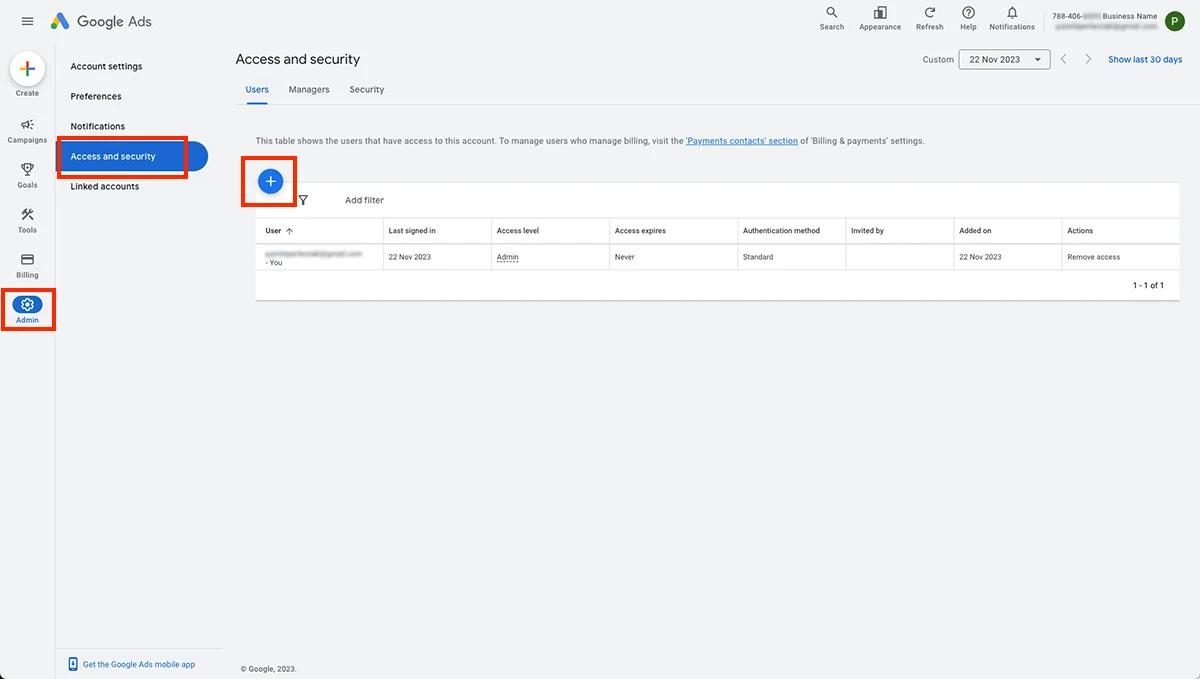 Google Ads access and security settings screen