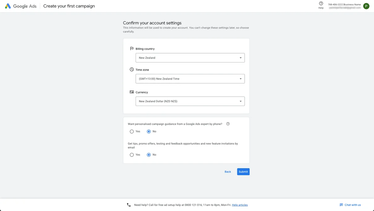 Confirm your account settings screen showing billing country, time zone, and currency