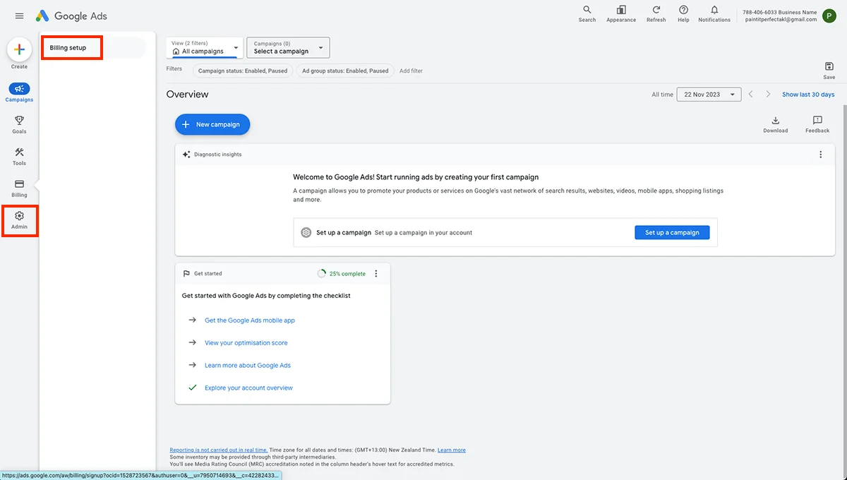 Google Ads overview with the billing settings navigation highlighted