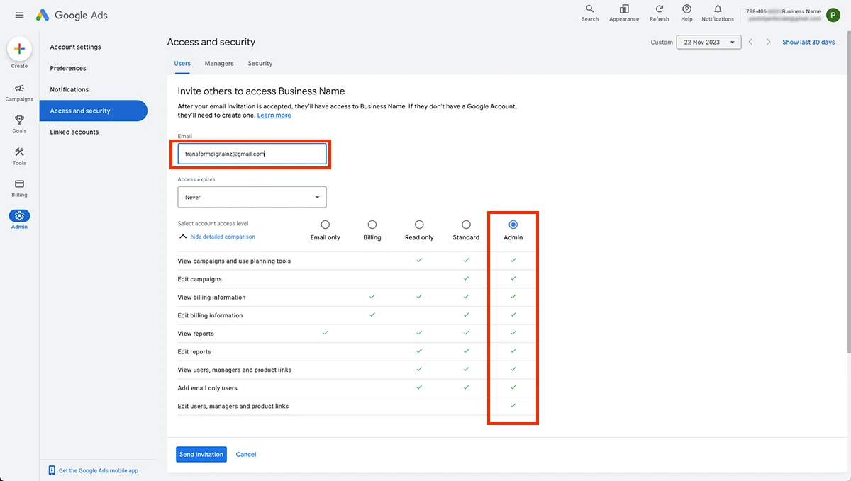 Invite others screen showing the available Google Ads access levels