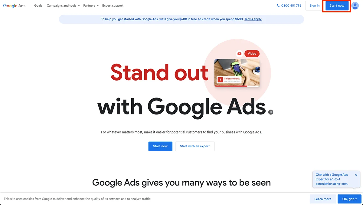 Google Ads start page with the Start now button