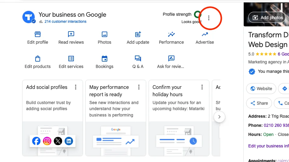 Google Business Profile management panel in search results with the three-dot menu highlighted