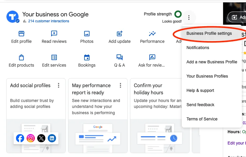 Three-dot menu open with Business Profile settings highlighted