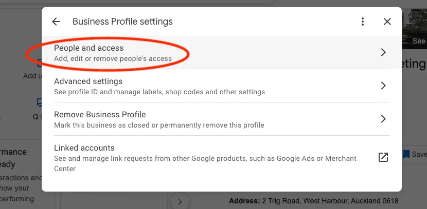 Business Profile settings with People and access highlighted