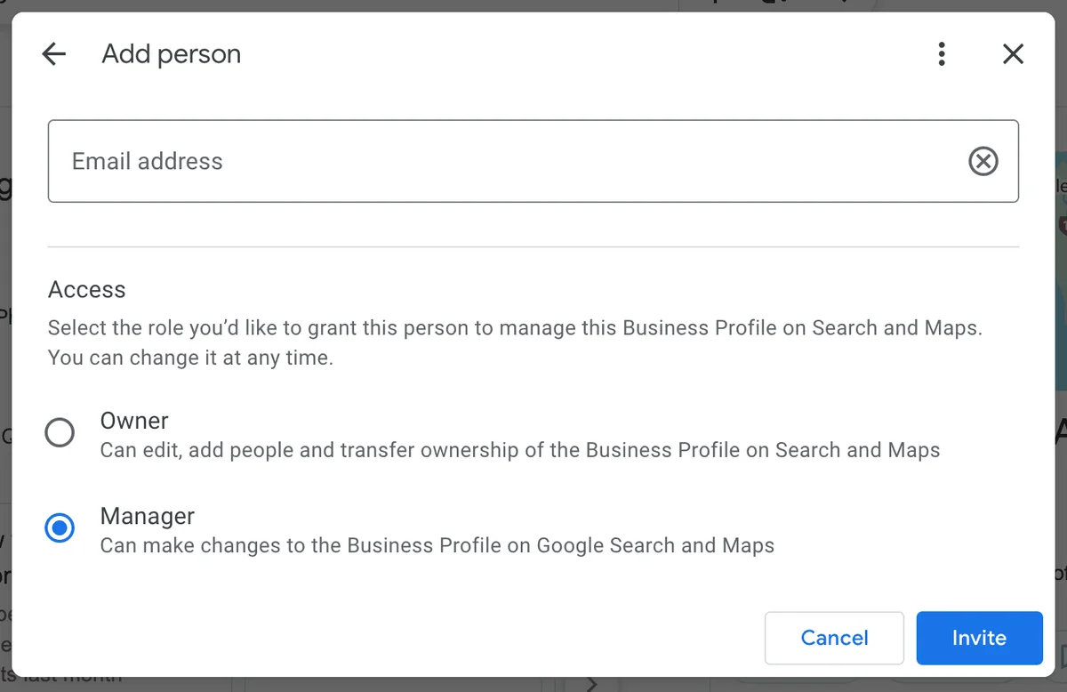 Add person dialog showing the Owner and Manager role options