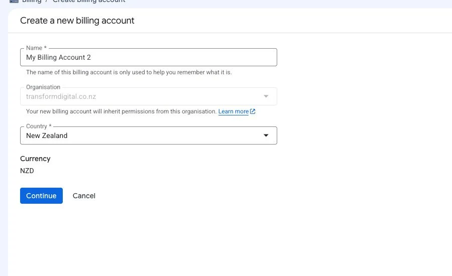 Google Cloud create-a-new-billing-account screen with name, country New Zealand, and NZD currency