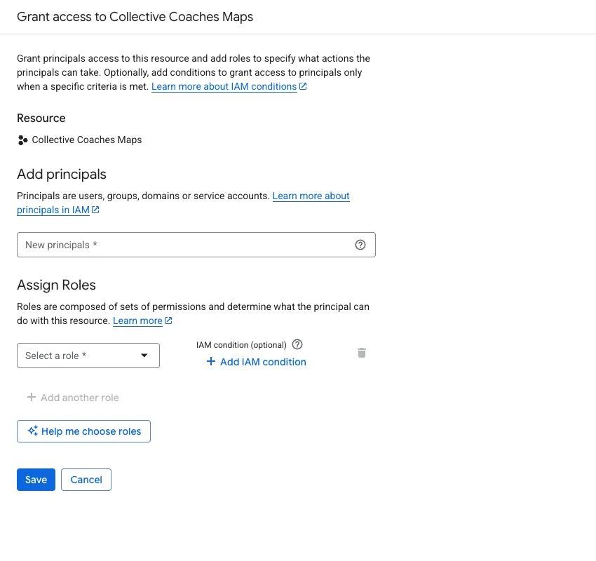 Google Cloud Grant access screen with a New principals field and a Select a role dropdown
