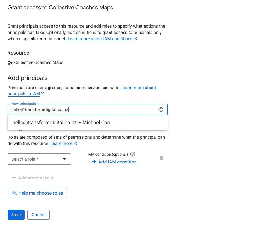 Grant access screen with hello@transformdigital.co.nz entered in the New principals field
