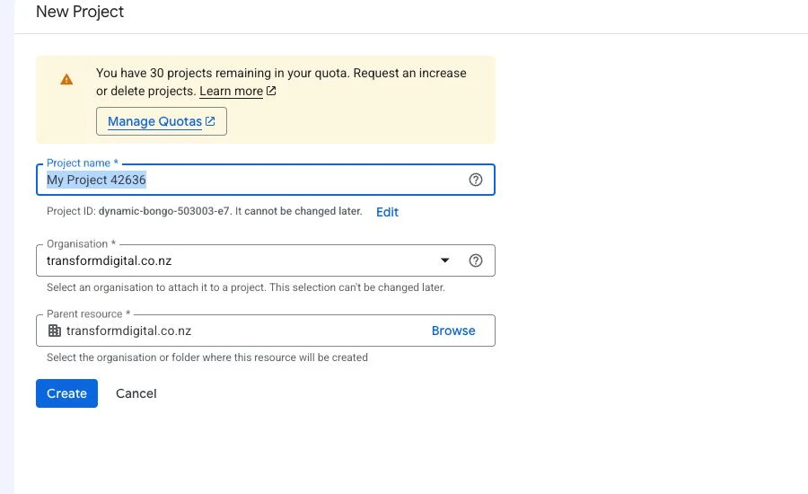 Google Cloud New Project form showing the project name, organisation, and Create button