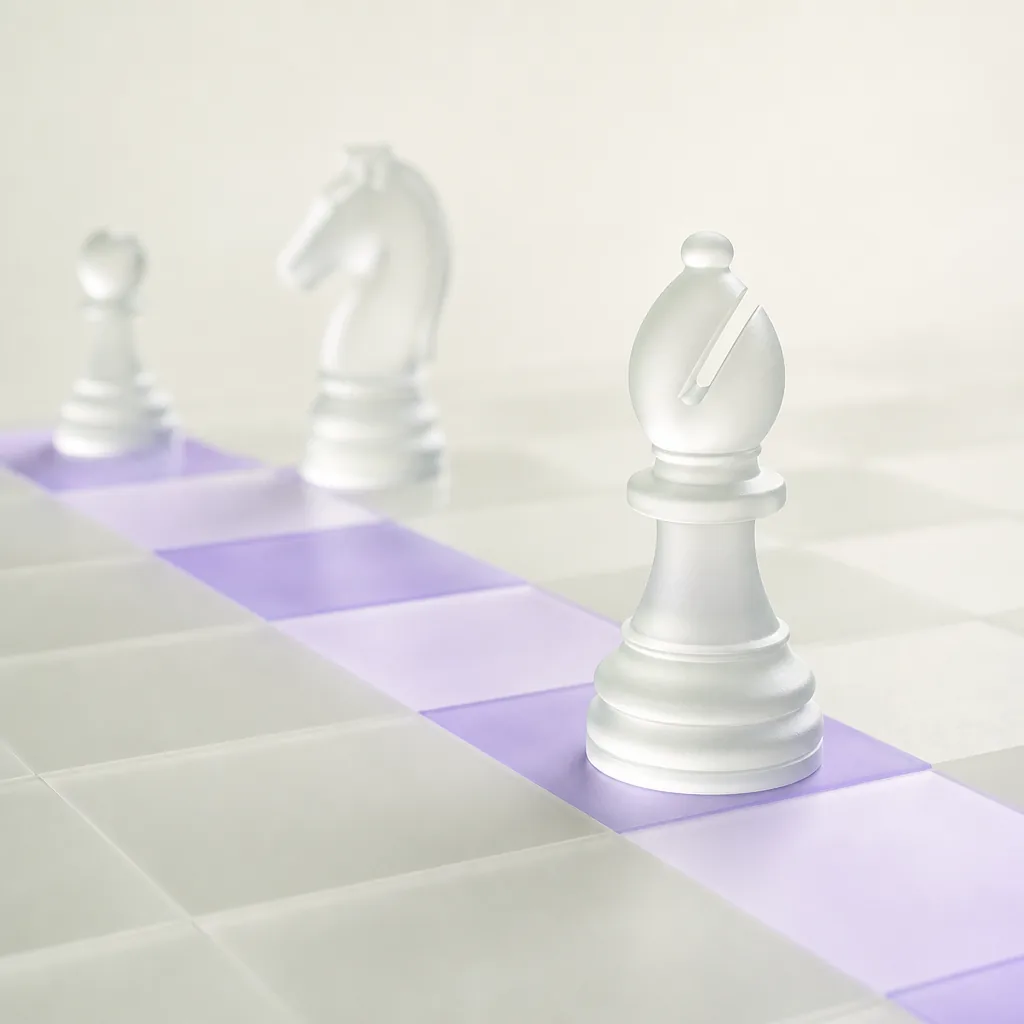 Frosted glass chess bishop on a diagonal board path with blurred pieces